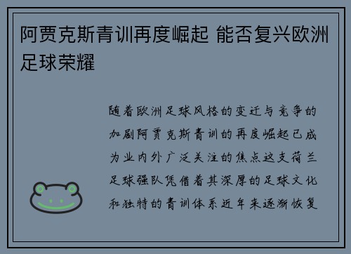 阿贾克斯青训再度崛起 能否复兴欧洲足球荣耀
