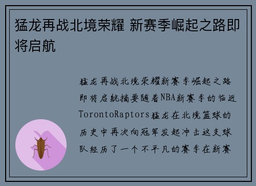 猛龙再战北境荣耀 新赛季崛起之路即将启航