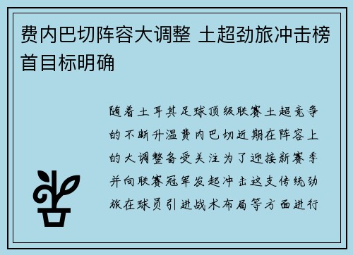 费内巴切阵容大调整 土超劲旅冲击榜首目标明确
