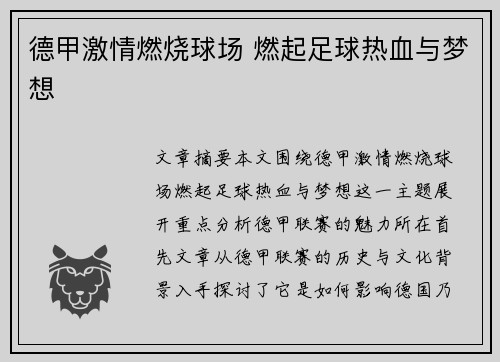 德甲激情燃烧球场 燃起足球热血与梦想