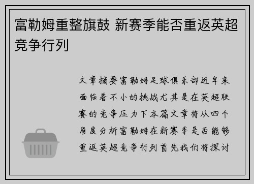 富勒姆重整旗鼓 新赛季能否重返英超竞争行列
