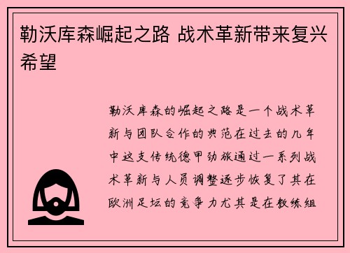 勒沃库森崛起之路 战术革新带来复兴希望